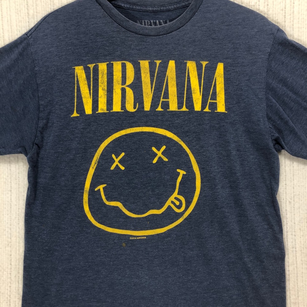 Nirvana Smiley Face Graphic‎ T-Shirt Mens Large Navy Blue Heathered Band Tee L